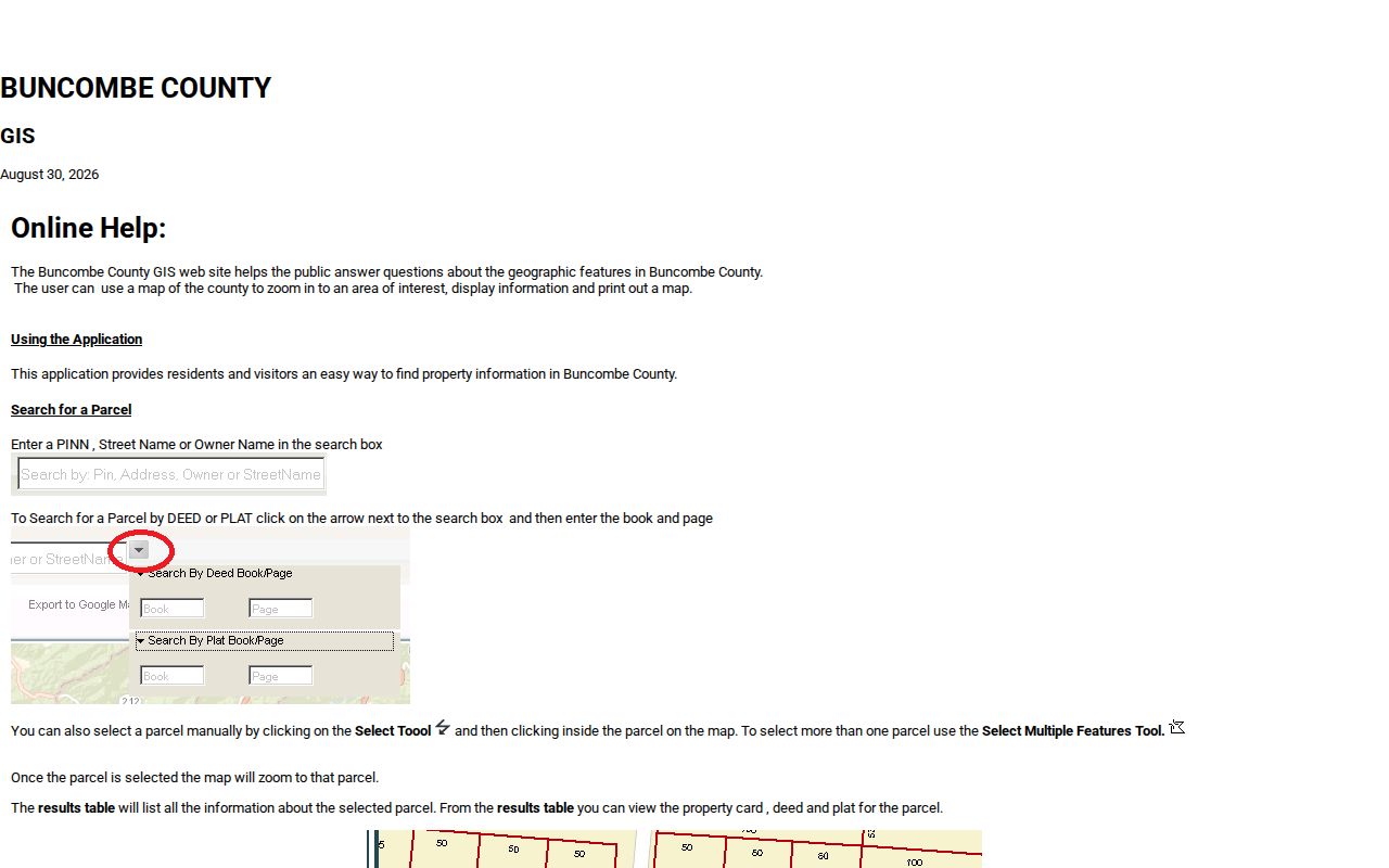 Buncombe street directory Buncomap online help screen