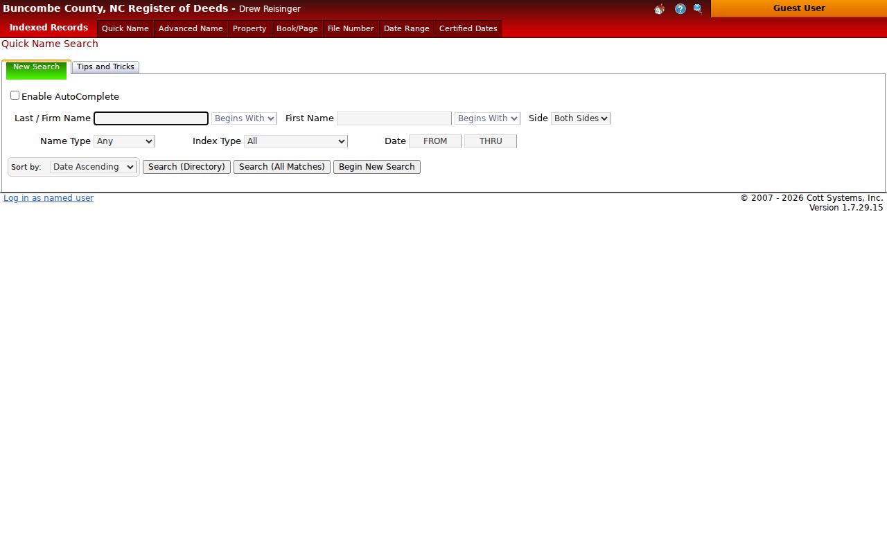 Buncombe street directory Register of Deeds name index screen