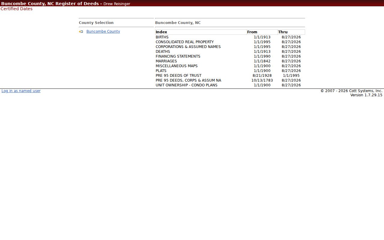 Buncombe street directory deed and vital record certified dates screen